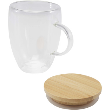 Logotrade Firmengeschenke das Foto: Leona 350 ml Glasbecher mit Bambusdeckel