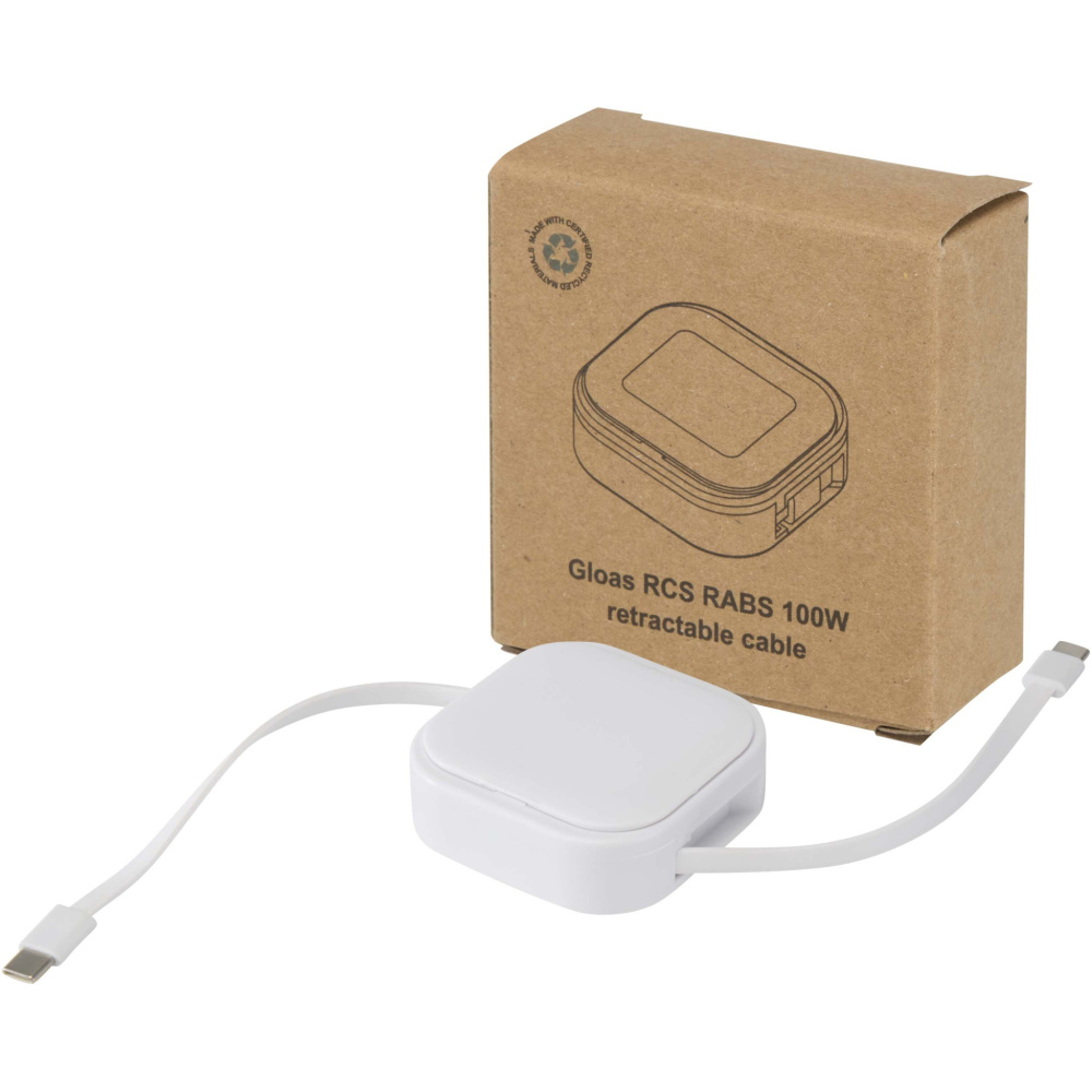 Logotrade werbemittel das Foto: Gloas Aufrollbares 5 in 1 Kabel aus Recyclingmaterial mit Datensynchronisierung und 100 W Schnellladefunktion sowie Smartphone Toolkit