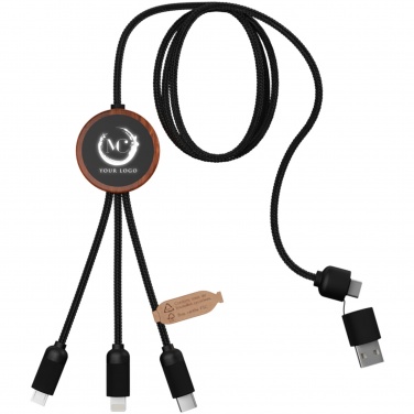 Logotrade corporate gift image of: SCX.design C37 5-in-1 rPET light-up logo charging cable with round wooden casing
