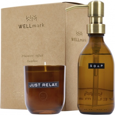 Logo trade promotional giveaways image of: Wellmark Discovery 200 ml hand soap dispenser and 150 g scented candle set - bamboo fragrance