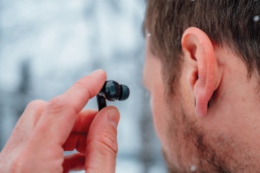 Logotrade advertising product image of: Skywave RCS recycled plastic solar earbuds