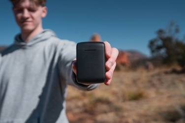 Logotrade promotional item image of: Skywave RCS recycled plastic solar earbuds