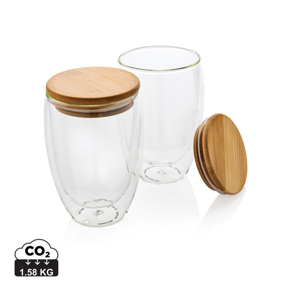 Logo trade corporate gifts image of: Double wall borosilicate glass with bamboo lid 350ml 2pc set