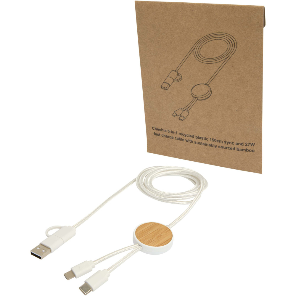 Logo trade promotional merchandise picture of: Chechia 5-in-1 recycled plastic 150 cm data sync and 27W fast charge cable with bamboo details