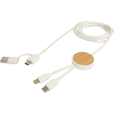 Logotrade advertising product picture of: Chechia 5-in-1 recycled plastic 150 cm data sync and 27W fast charge cable with bamboo details