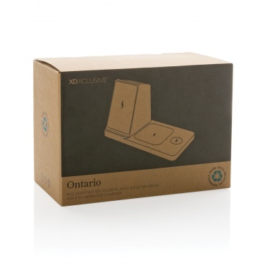 Logo trade firmakingid foto: Ontario taaskasutatud plastist ja bambusest kolm-ühes juhtmevaba laadija