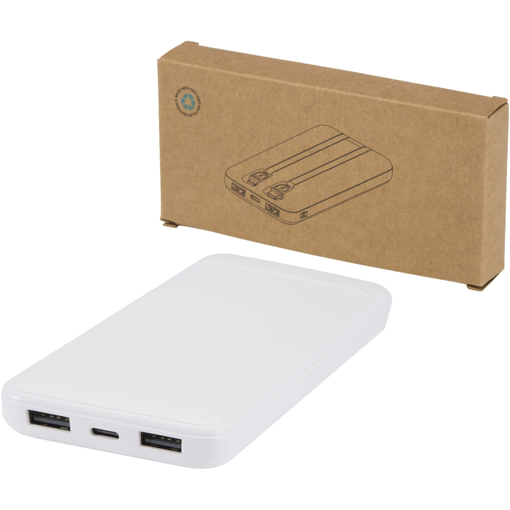 Logo trade liikelahjat mainoslahjat kuva: Adhil 10 000 mAh:n ja 10 W:n kierrätetystä muovista valmistettu varavirtalähde, jossa on kaksi sisäänrakennettua kaapelia