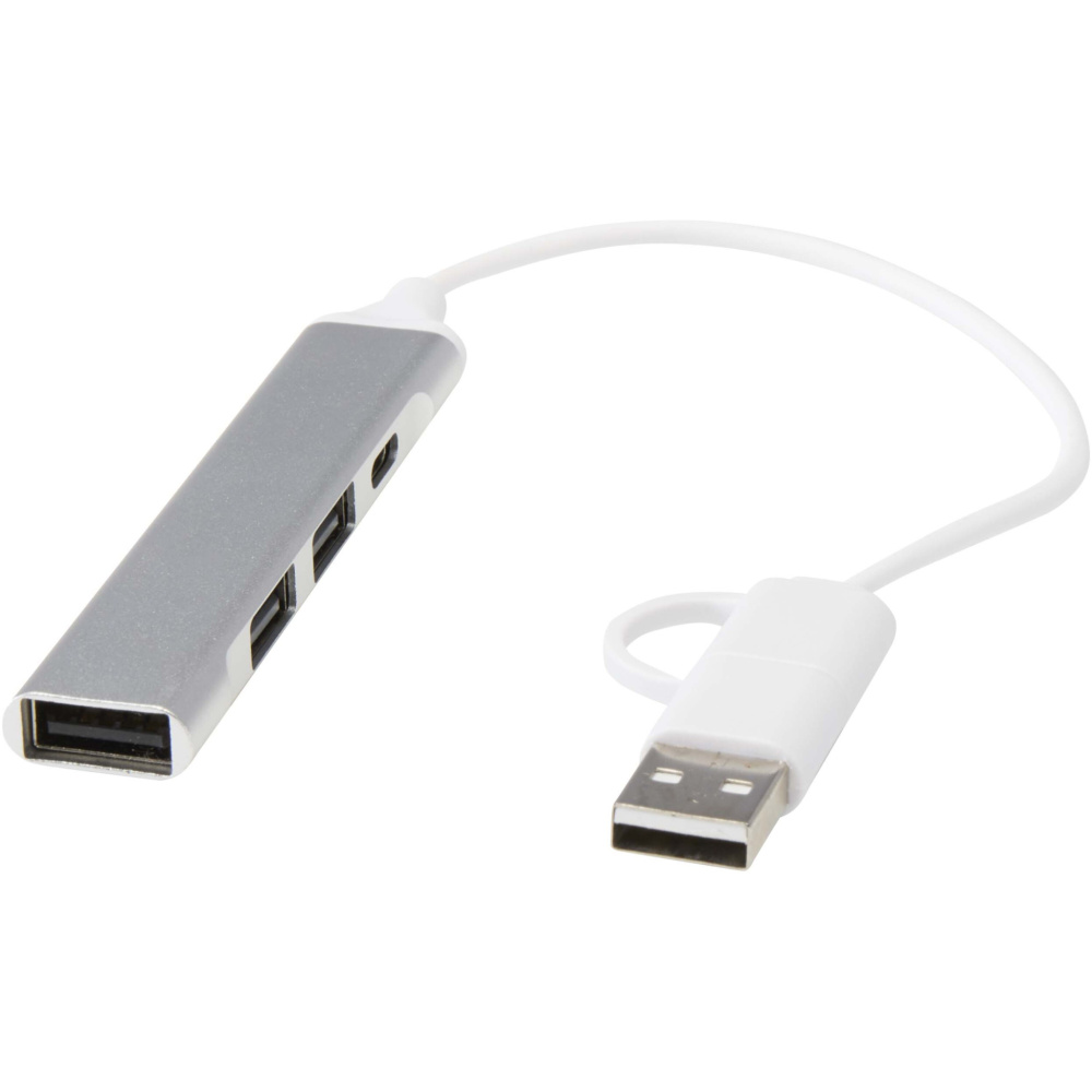 Logotrade firminės dovanos nuotrauka: „Alkaid“ 4 prievadų perdirbto aliuminio USB-A ir C tipo šakotuvas su dviguba įvestimi
