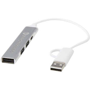 Logotrade dovana nuotrauka: „Alkaid“ 4 prievadų perdirbto aliuminio USB-A ir C tipo šakotuvas su dviguba įvestimi