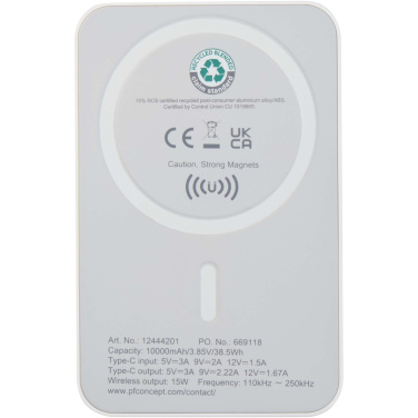 Logotrade biznesa dāvanas foto: Acrab 10.000 mAh 15W magnētiskā bezvadu pārnēsājamā uzlādes ierīce ar 20W PD - izgatavota no pārstrādātas plastmasas